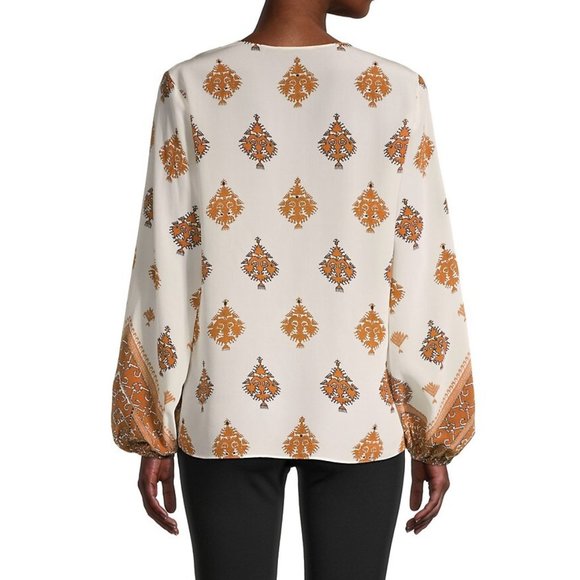 Kobi Halperine Women Ryan Ivory Silk Geometric Patterned Printed Blouse Top - Picture 2 of 4